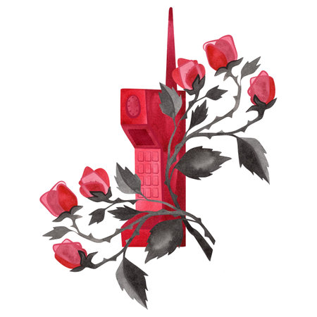 Pink glamorous feminine phone from 1990s romcom in rose branches. Isolated watercolor illustration for t-shirt, notebook or sticker.の写真素材