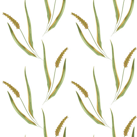 Textile seamless floral pattern with wild grasses and cereals. Design for kitchen home textiles, tablecloths, curtains, bed linen, dress fabrics, wrapping paper.の写真素材