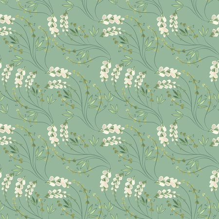 Textile seamless floral pattern with wild grasses and flowers. Design for kitchen home textiles, tablecloths, curtains, bed linen, dress fabrics, wrapping paper.の写真素材
