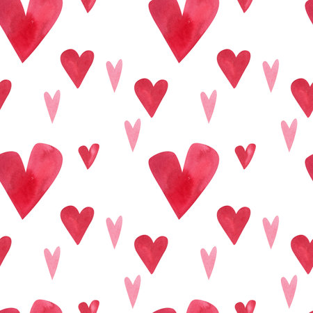 Love, passion, emotions. Seamless pattern of hand-drawn pink watercolor hearts. Sketchy illustration for Valentines Day for wrapping paper, textiles, boxes, notebooks, notepads.の写真素材