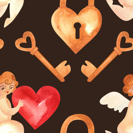 Seamless pattern with cupids, heart-shaped locks and keys. Watercolor illustration. Wrapping paper for wedding and Valentines Day. Vintage style.の写真素材