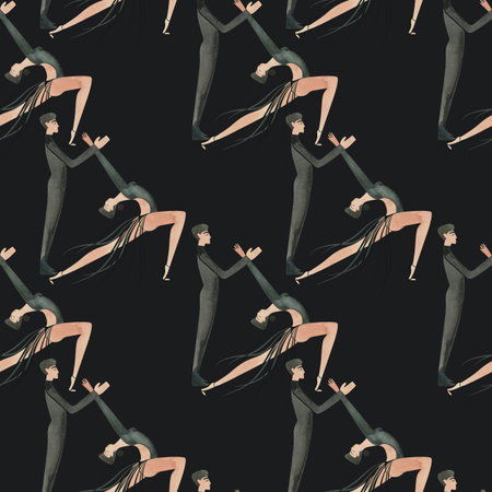 Dancing as a hobby for adults. ProAm in a dance studio. Seamless watercolor pattern for textile and fabric design for training dresses, bodysuits and suits. Merch for a dance studio.の写真素材