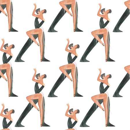 Couples on the parquet dancing. Professional dancers on the performance. Seamless watercolor pattern for the design.の写真素材