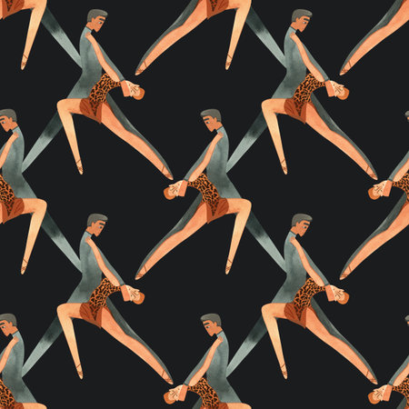 Dancing as a hobby for adults. ProAm in a dance studio. Seamless watercolor pattern for textile and fabric design for training dresses, bodysuits and suits. Merch for a dance studio.の写真素材