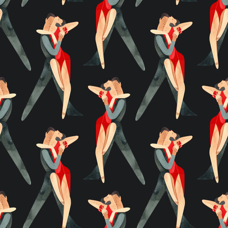 Dancing as a hobby for adults. ProAm in a dance studio. Seamless watercolor pattern for textile and fabric design for training dresses, bodysuits and suits. Merch for a dance studio.の写真素材