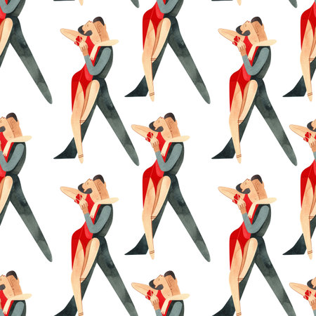 Dancing as a hobby for adults. ProAm in a dance studio. Seamless watercolor pattern for textile and fabric design for training dresses, bodysuits and suits. Merch for a dance studio.の写真素材