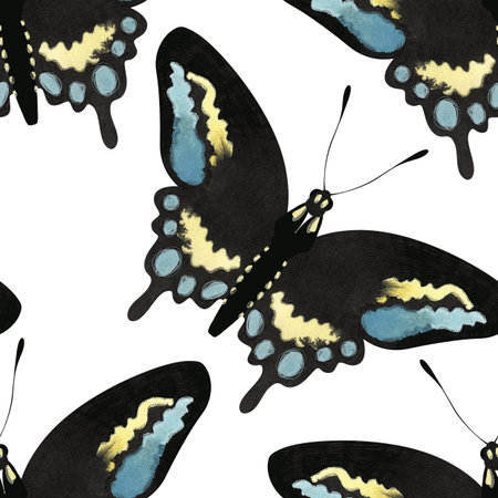 Black swallowtail Butterfly. Seamless watercolor pattern for printing on fabric, textiles, wrapping paper, bags, notebooks and notepads. Spring summer 2026の写真素材