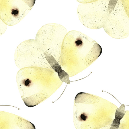 Cabbage White Butterfly or Pieris Rapae. Seamless watercolor pattern for printing on fabric, textiles, wrapping paper, bags, notebooks and notepads.の写真素材