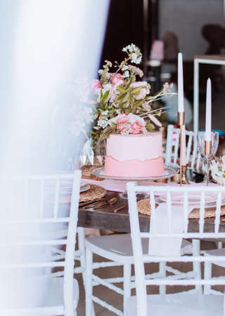 Wedding party sweet bar and cake in pink colorの写真素材