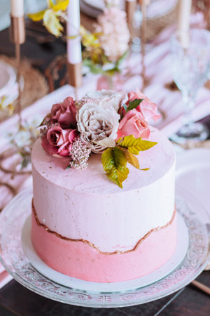 wedding cake and sweets in pink sweet barの写真素材