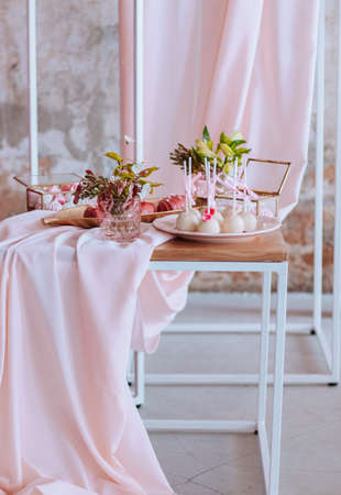wedding cake and sweets in pink sweet barの写真素材
