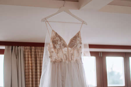 white wedding boho dress with with beading and crystalsの写真素材