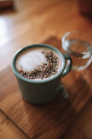 Cup of hot coffee with milk on wooden table, stock photoの写真素材