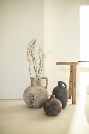 Vintage vase on the floor in living room, minimalist boho-mediterranean styleの写真素材