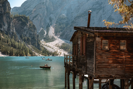Lake Braies in Dolomites, Italy. Lake Braies is one of the most beautiful lakes in Italy.の写真素材