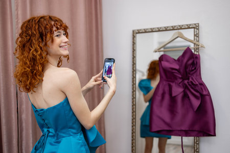 The women is choosing a dress for the promの写真素材