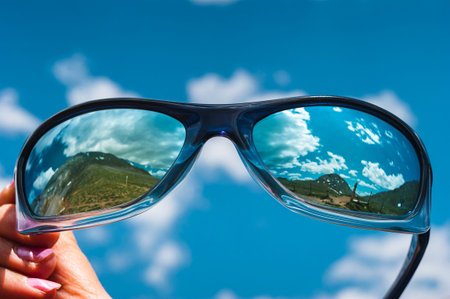 Blue glasses held by the hand that reflect the mountains called the ubiÃ±as.The photo is taken from the part of Asturias, Spain.の写真素材