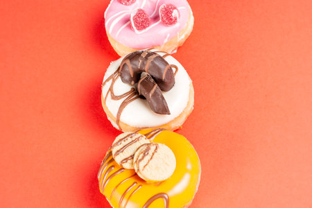 Photo of 3 donuts decorated with cookies and jelly beans on a red background.