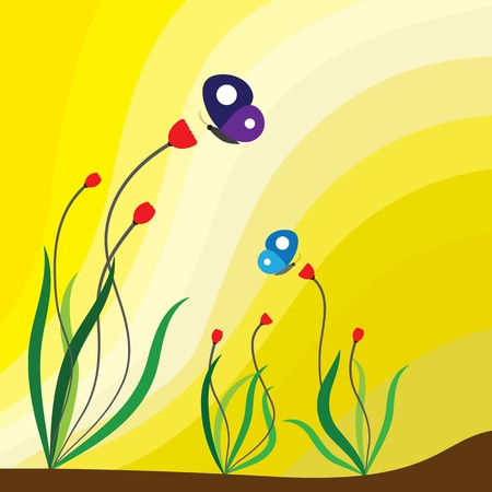 Spring season flowering plants, red flowers and butterflies のイラスト素材