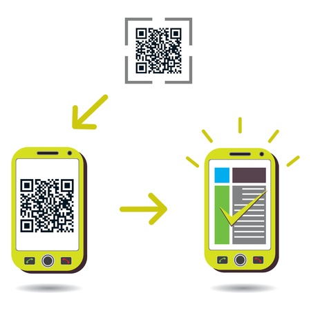 QR Code processing showing cellphone scanning and showing success. CMYK global process colors used. Organized by layers. Gradients used.のイラスト素材