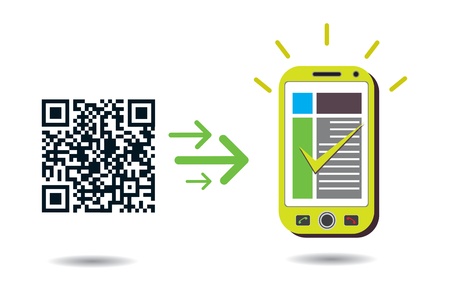 QR Code processing: Graphic showing cellphone processing QR codes. CMYK global process colors used. Organized by layers. Gradients used.のイラスト素材