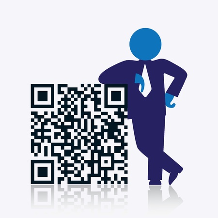 QR code with savvy businessman standing next to it. CMYK global process colors used. Organized by layers. Gradients used.のイラスト素材