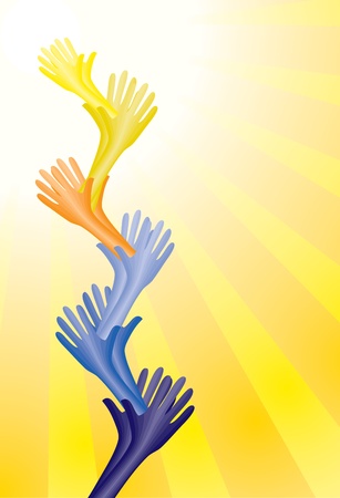 Colorful helping hands supporting each other to reach goal or destination. CMYK global process colors used. Organized by layers. のイラスト素材