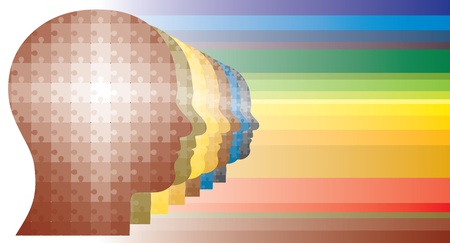 Colorful puzzle heads of men in a row in rainbow like colors. CMYK global process colors used. Organized by layers. AI EPS 8 Vector.のイラスト素材