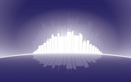 City high rise silhouette illustration glowing in white against dark blue background. のイラスト素材