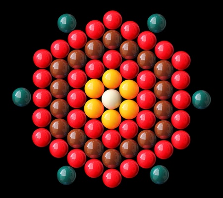 Colorful snooker balls arrange in hexagonal shape with white and yellow balls in center, red, brown, green balls on the peripheryの写真素材