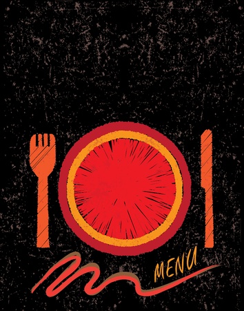 Hand drawn restaurant menu design concept showing a plate, fork and knife. AI EPS10 Vector file.のイラスト素材