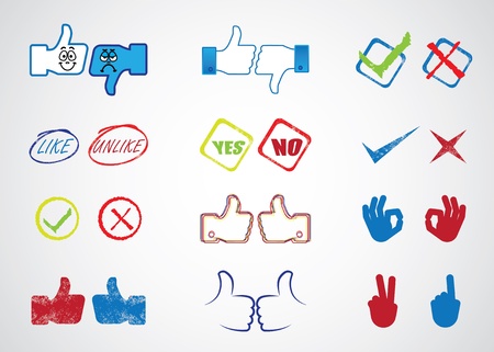 Internet website icons for approval, disapproval, like, unlike, yes, no, thumb up, thumn down, right, wrong, correct, incorrect, etc のイラスト素材