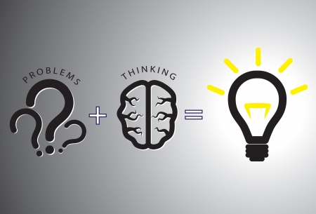 Problem solution concept showing problems solving using brain by thinking and creativity. Question marks are representative of problems while glowing bulb is representative of solution.のイラスト素材