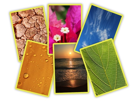 Photos of basic elements of nature collage arranged in an interesting way  The photos is of water droplets, cracked earth, flower, leaf, sun, sky and sea の写真素材