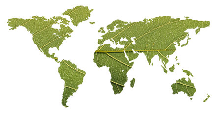 Concept of ecological balance showing world map formed using highly detailed photo of a leaf 