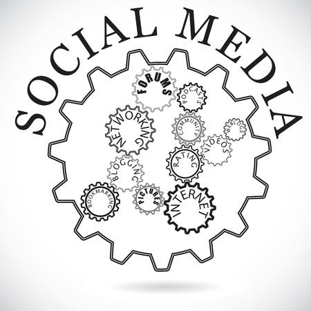 Social media components shown in cog wheels working together synchronously. The components include blogging, networking, internet, community, bookmarking and  platforms like forums, weblogs, etc.のイラスト素材