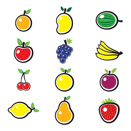 Collection of fresh, colorful and organic summer fruits illustration. The fruits include mango, apple, banana, orange, lemon, sweet lime, grapes, strawberry, pear, plum, berries, watermelon, etc.のイラスト素材
