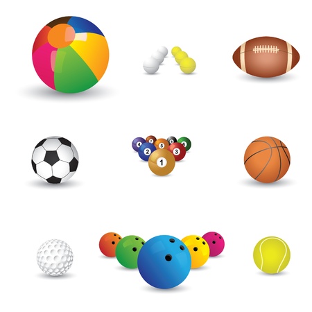 Collection of colorful sports balls illustration  The graphics include balls from sports like tennis, soccer, football, golf, table tennis, rugby, bowling, basketball, billiards and snooker のイラスト素材