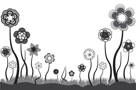Beautiful floral illustration of seasonal blooms in summer or spring time. These  flowers are in tones of grey, black and white. The white space can be used for any text.のイラスト素材