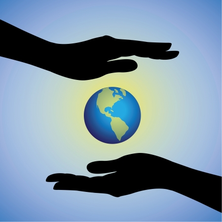 Concept illustration of protecting saving earth from pollution, degradation   global warming  The graphic contains female hands silhouette protecting earth planet のイラスト素材