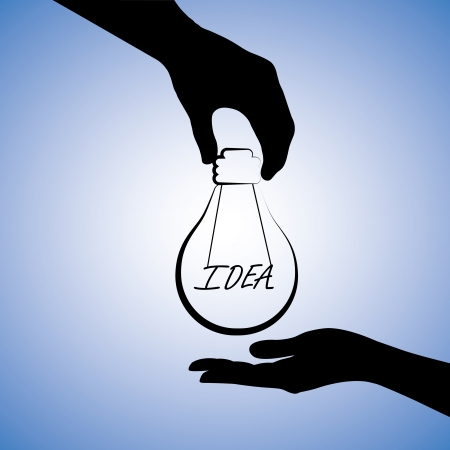 Concept illustration of one person providing idea to the other. The graphic uses a light bulb with filament replaced with word idea to convey the concept of problem solving or finding solutionのイラスト素材