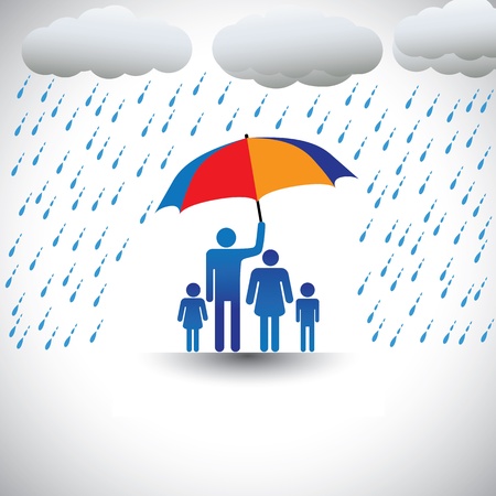 Father protecting family from heavy rain with umbrella. The graphic represents father holding a colorful umbrella covering his family which includes his wife & children(concept of caring, love, etc)のイラスト素材