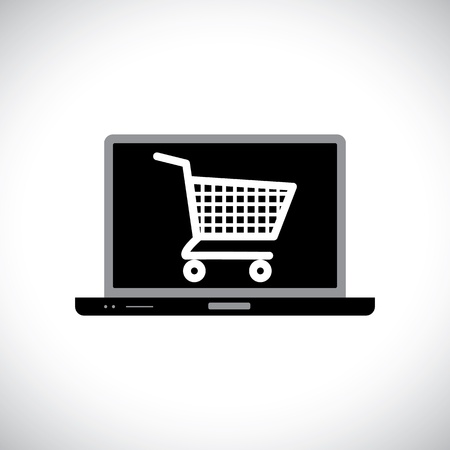 Illustration of buying or shopping online using computer  The graphic contains a laptop and shopping cart icon on its screen representing the concept of e-commerce online shopping e-business, etc のイラスト素材