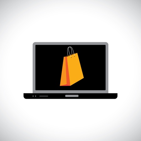 Buying shopping online using a computer laptop   The graphic contains a laptop and shopping bag symbol on its screen representing the concept of e-commerce online shopping e-business, etc のイラスト素材