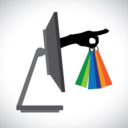 Buying shopping online using a technology PC   The graphic contains a PC and shopping bag symbol held by a silhouette hand representing the concept of e-commerce online shopping e-business, etc のイラスト素材