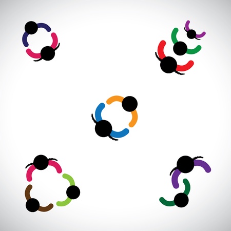 Graphic of kids(boys & girls) playing together. This colorful illustration contains children playing together forming lines and circles in their recreation time & having fun and good timesのイラスト素材