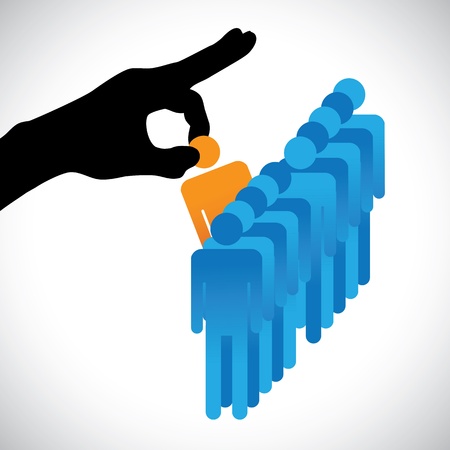 Concept illustration of choosing the best employee  The graphic shows company HR represented by hand silhouette making a choice of a person with right skills for the job among many other candidates のイラスト素材
