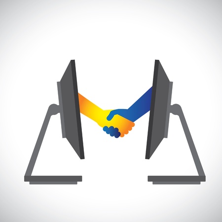 Concept illustration of internet deals, partnerships, business, etc., shown by handshake between two people from inside two computer(PC) monitors.のイラスト素材