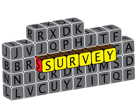 Illustration of word survey using alphabet cubes. The graphic can represent various online questionnaires, feedback requests, etcのイラスト素材