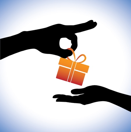 Concept illustration of person giving gift package to the receiver. This graphic represents gifting times like christmas(xmas), birthday, anniversaries and other such occasionsのイラスト素材